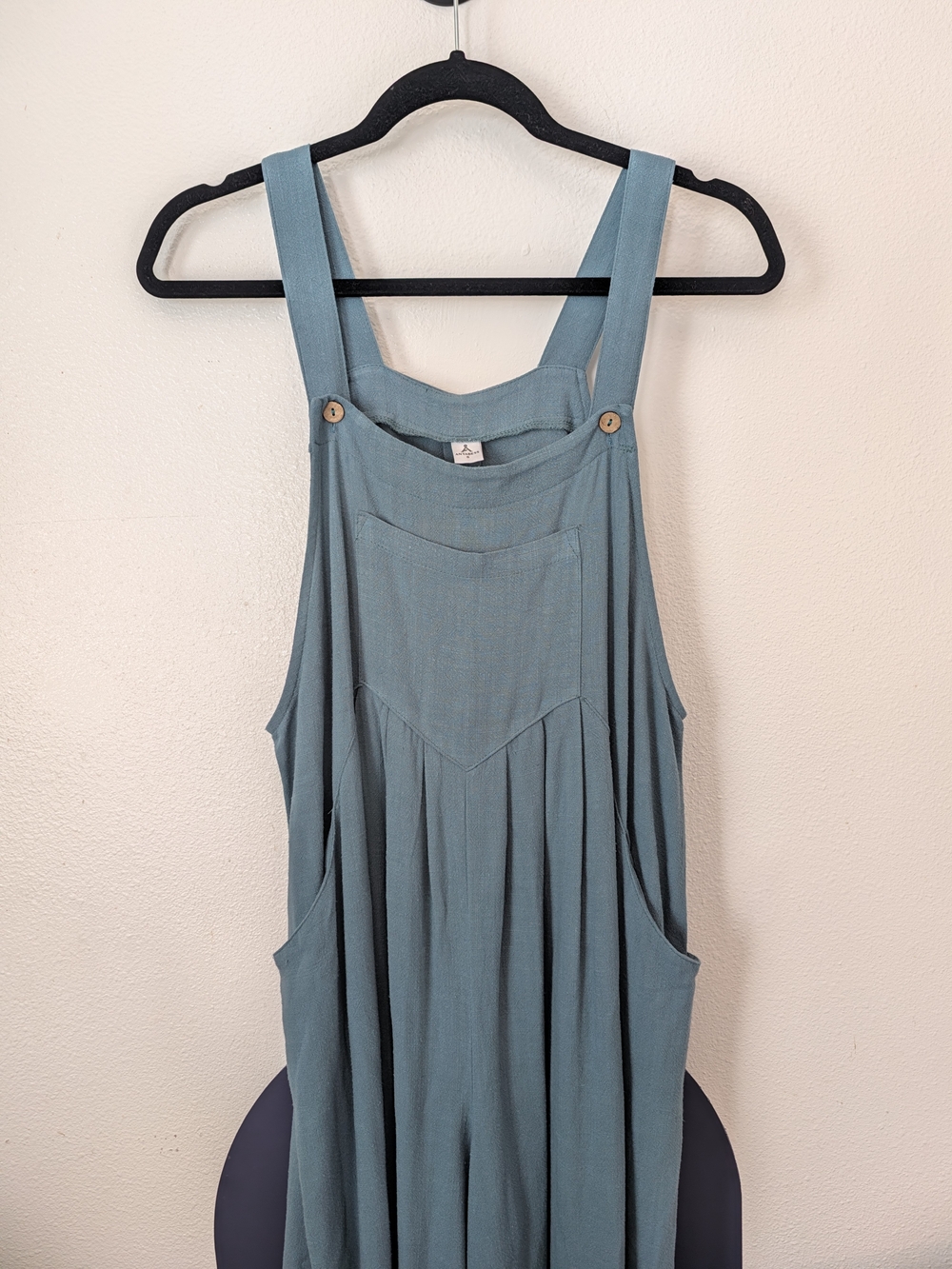 Linen Wide Leg Slate Blue Overalls Jumpsuit with Front Pocket